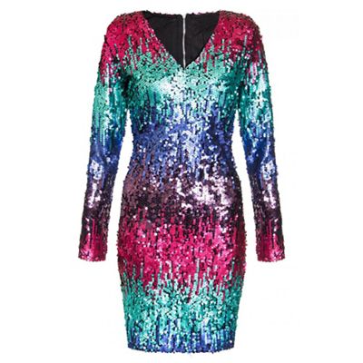 Quiz Pink Purple And Green Sequin V Neck Bodycon Dress